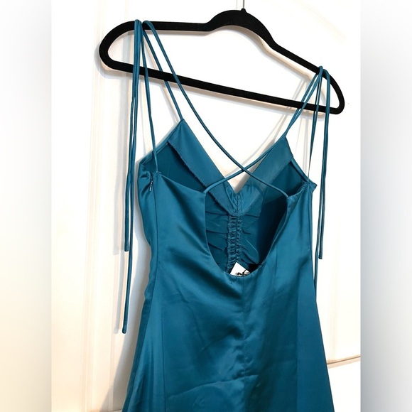 Jason Wu Teal Turquoise Satin Tie Strap low black slip midi dress ruched XS - Picture 2 of 14